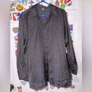Black Satin-Look Button-Down Shirt